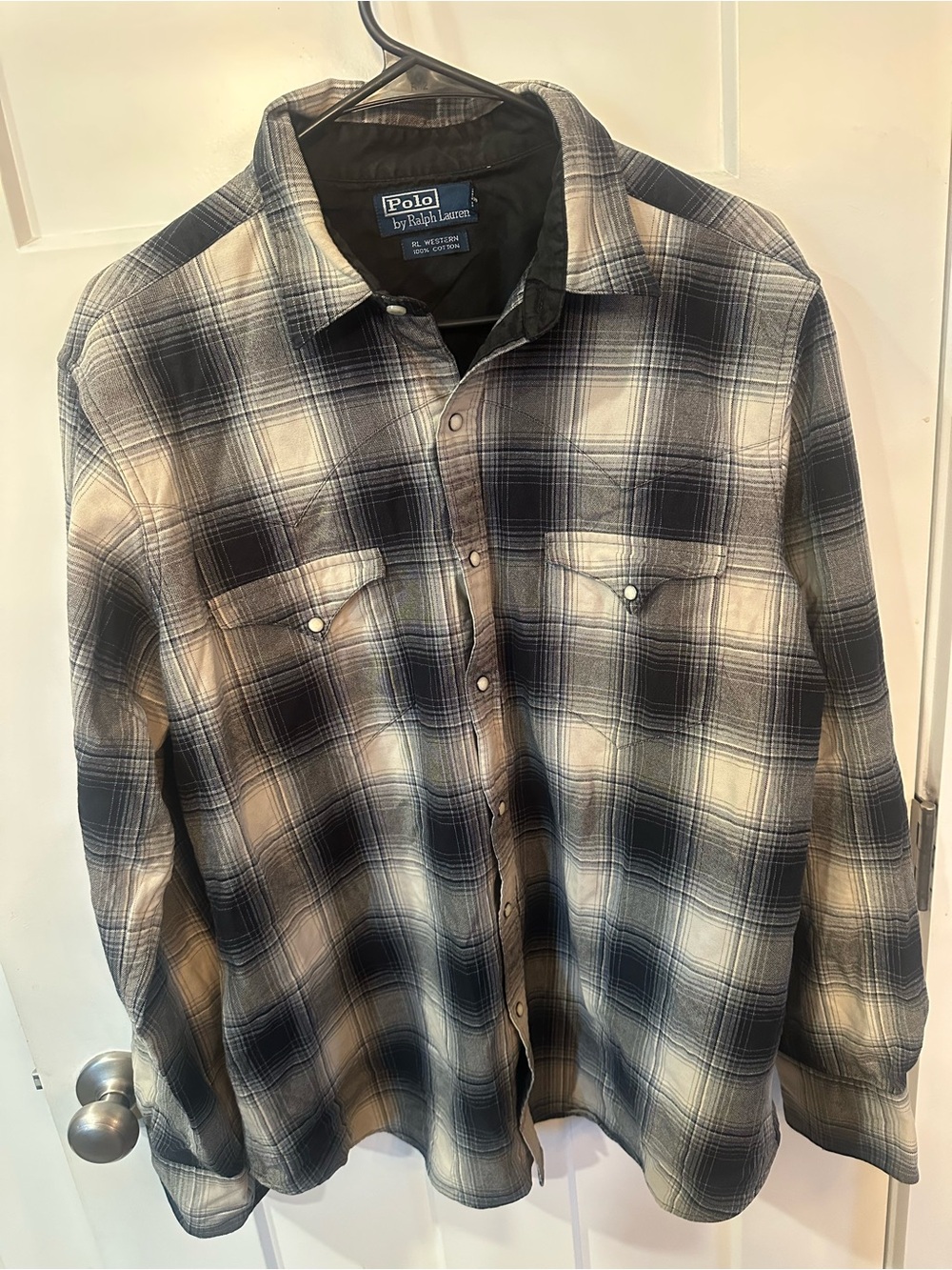 Polo Ralph Lauren Western Shirt Mens Large Black Cream Plaid Flannel Pearl Snap